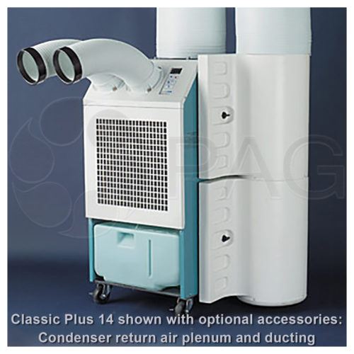 MovinCool's 1-ton Classic Plus 14 (CP14) Portable Air Conditioner shown with optional exhaust accessories